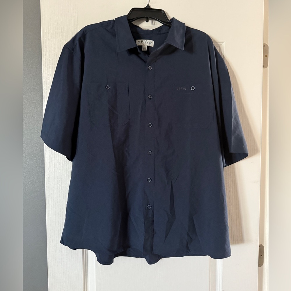 Orvis Classic Collection Button Up Shirt Size XXL Navy Blue Short Sleeve